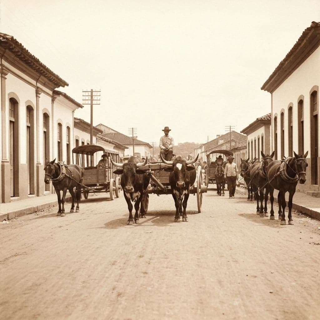 Carro de boi e tropas de mula em estrada goiana