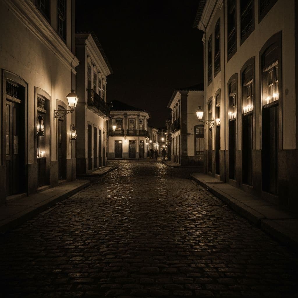 Rua goiana à noite iluminada apenas por lampiões